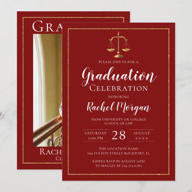Red Guld Justice Law School Studenten Photo Inbjudningar (Fram/baksida)