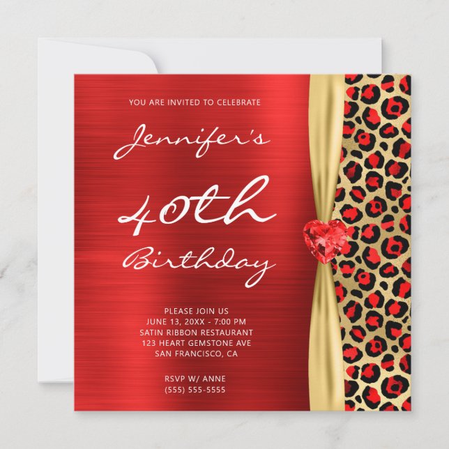 Red Guld Leopard Foil Gem Ribbon 40 Birthday Inbjudningar (Framsida)