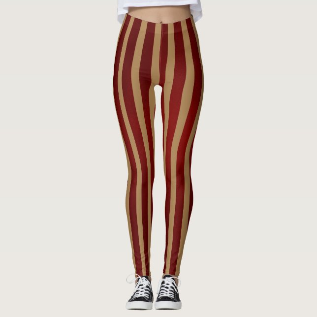 Red & Guld Lodrät Rand Stripe Mönster Leggings (Framsida)
