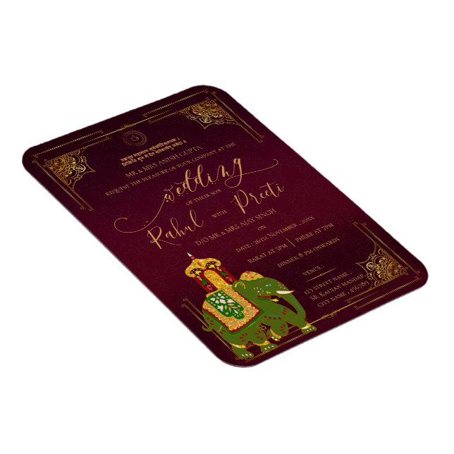 Red Guld Lord Ganesh indisk bröllopsinbjudan Magnet (Högersidan)