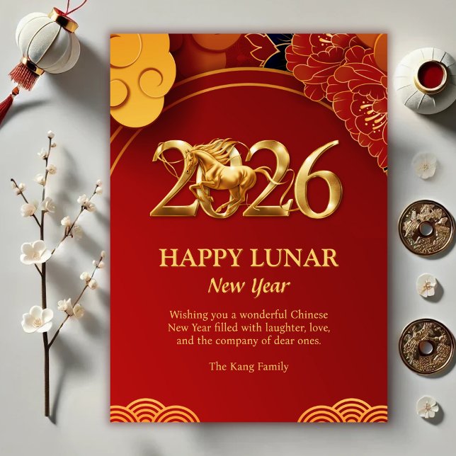 Red Guld Modern 2026 Horse China Lunar New Year Julkort (Red Gold Modern 2026 Horse Chinese Lunar New Year Holiday Card)