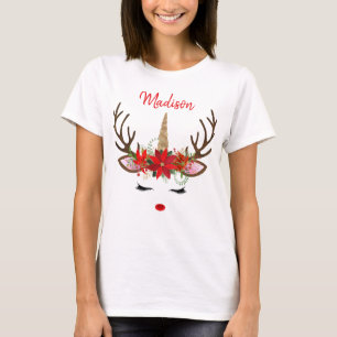 Red & Guld Monogram jul - Unicorn Reindeer T Shirt