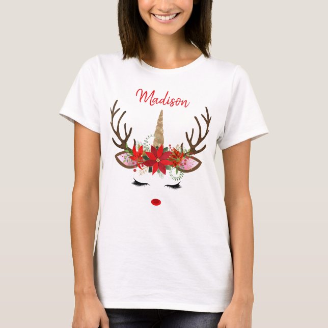 Red & Guld Monogram jul - Unicorn Reindeer T Shirt (Framsida)