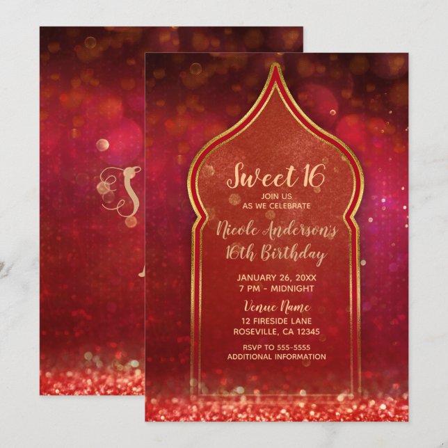 Red & Guld Moroccan Arabian Nights Sweet 16 Party Inbjudningar (Fram/baksida)
