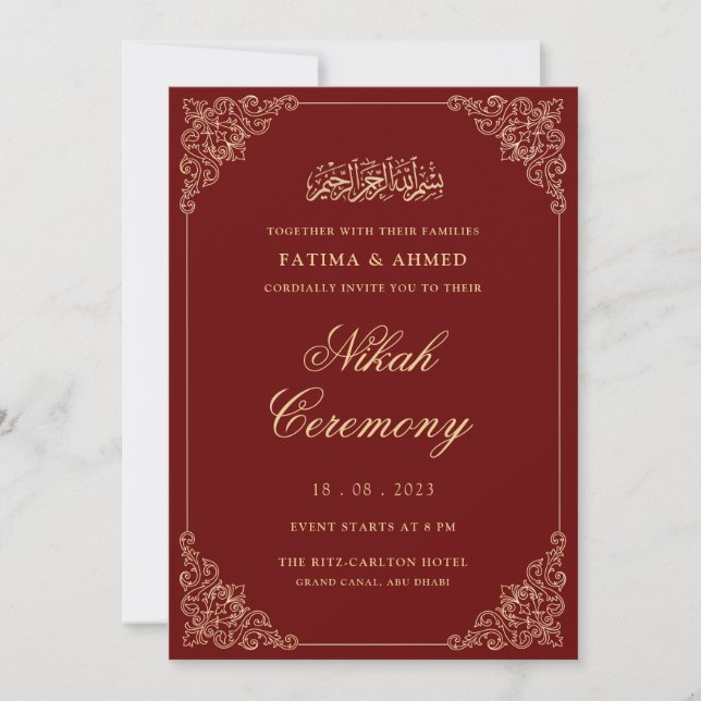 Red Guld Nikkah Islamic Muslim Bröllop Inbjudningar (Framsida)