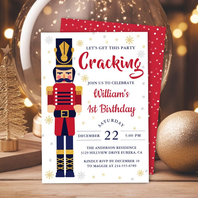 Red Guld Nutcracker-Födelsedagsfesten Jul Inbjudningar (Skapare uppladdad)