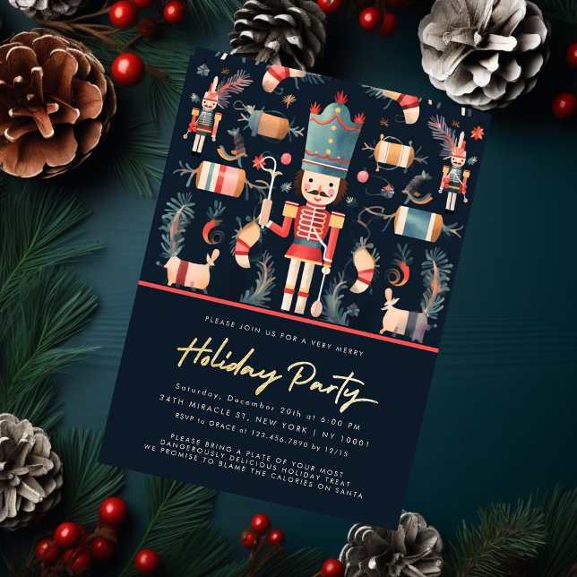 Red & Guld Nutcracker Navy Jul Party Inbjudningar (Red & Gold Nutcracker Navy Christmas Party Invitation)