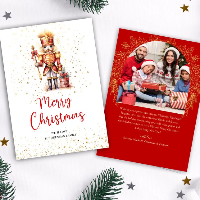 Red Guld Nutcracker Photo God jul Julkort (Red Gold Nutcracker Photo Merry Christmas Holiday Card)