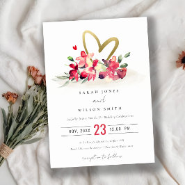 Red Guld Orchid Heart Blommigt Watercolor Bröllop Inbjudningar