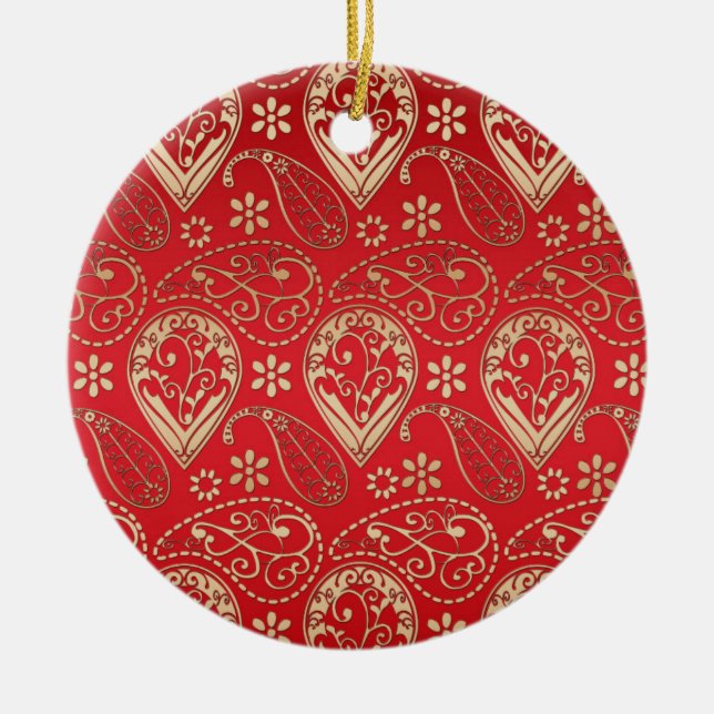Red Guld Paisley Bandana Mönster Julgransprydnad Keramik (Framsidan)
