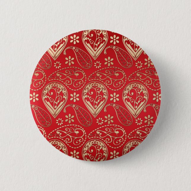 Red Guld Paisley Bandana Mönster Knapp (Framsida)