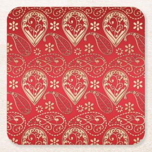 Red Guld Paisley Bandana Mönster Underlägg Papper Kvadrat
