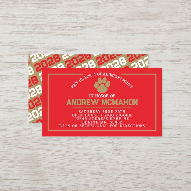 Red & Guld Pawprint Mini Studenten Inbjudan (Red and Gold Paw Mini Graduation Invites for Friends, Team Mates or as Inserts)