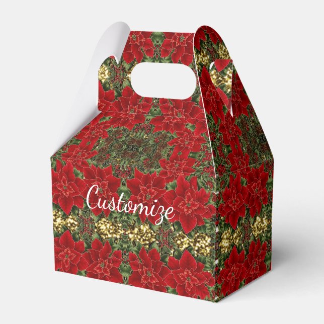 Red & Guld Poinsettia Mönster Gable Favor Box Presentaskar (Framsidan Sidan)
