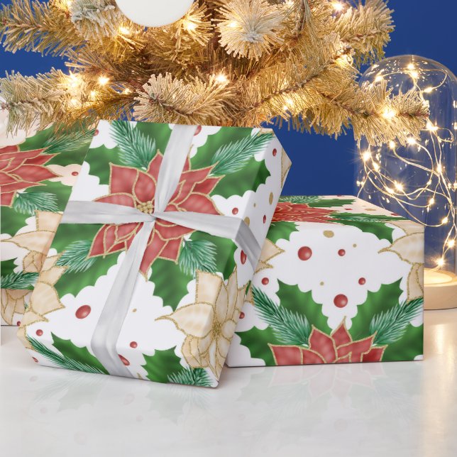 RED & GULD POINTSETTIA CHRISTMAS BLOOMS PRESENTPAPPER (Helgdagar)