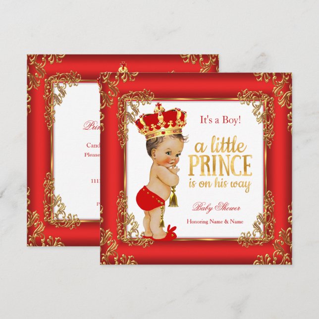Red Guld Prince Baby Shower Damask Brunette Boy Inbjudningar (Fram/baksida)