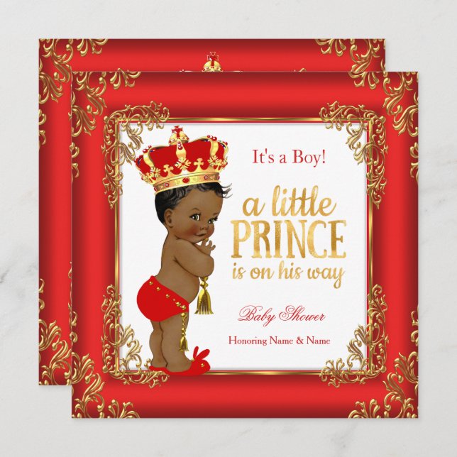Red Guld Prince Baby Shower Damask Ethnic Boy Inbjudningar (Fram/baksida)