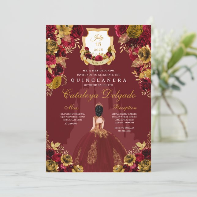 Red & Guld Princess Castle Quinceañera Inbjudningar (Stående Fram)