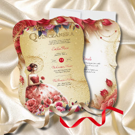Red Guld Quinceanera Dress Ceremony Reception Inbjudningar