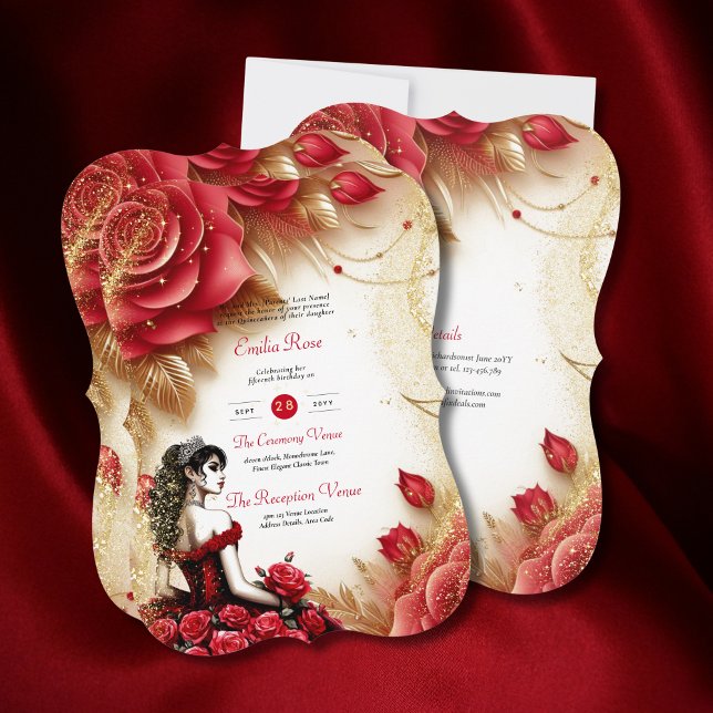 Red Guld Quinceanera Dress Ceremony Reception Inbjudningar (Skapare uppladdad)