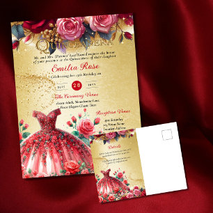 Red Guld Quinceanera Dress Ceremony Reception Vykort