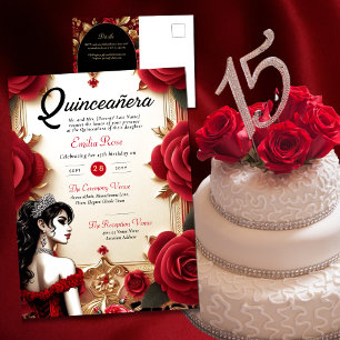 Red Guld Quinceanera Dress Ceremony Reception Vykort