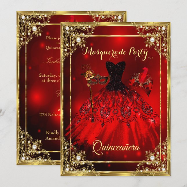 Red Guld Quinceanera Dress Masquuppad Party Inbjudningar (Fram/baksida)