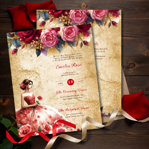 Red Guld Quinceanera Dress Vintage Parchment Tema