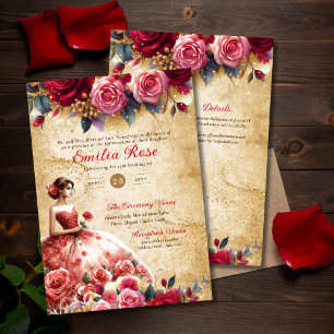 Red Guld Quinceanera Dress Vintage Parchment Tema Inbjudningar