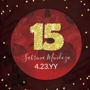 Red, Guld Quinceanera Guld #15 Round Sticker Runt Klistermärke