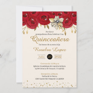 Red Guld Quinceanera-inbjudan Guld Red Sweet 16 