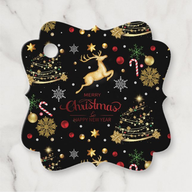 Red Guld Reindeer God jul Träd Gåvor Etiketter (Framsida)