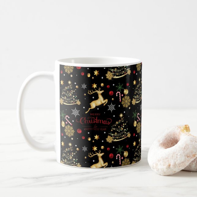 Red Guld Reindeer God jul Träd Kaffemugg (Med munk)