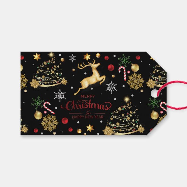 Red Guld Reindeer God jul Träd Presentetikett (Framsidan (Horisontell))