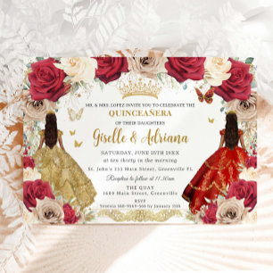 Red Guld Ro Blommigt Twillingar Quinceañera 15 XV Inbjudningar