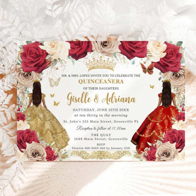 Red Guld Ro Blommigt Twillingar Quinceañera 15 XV Inbjudningar (Skapare uppladdad)