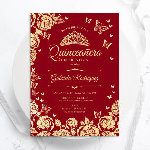 Red Guld Ro Butterflies Quinceanera Inbjudningar