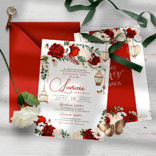 Red Guld Ro Butterfly Blommigt Elegant Quinceañera Inbjudningar