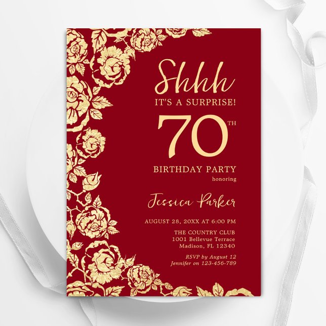 Red Guld Ro Surprise 70 Birthday Inbjudningar (Skapare uppladdad)