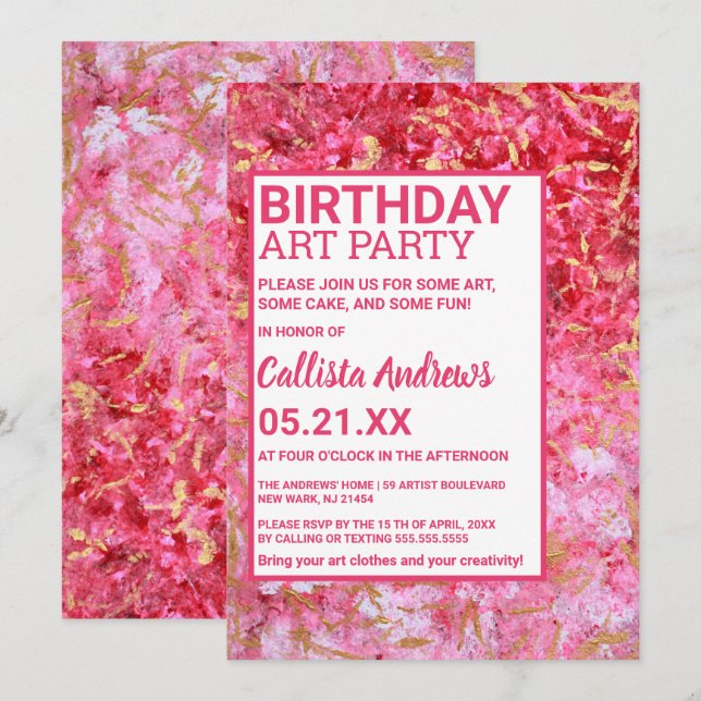 Red Guld Rosa Acrylic Paint Art Party Birthday Inbjudningar (Fram/baksida)
