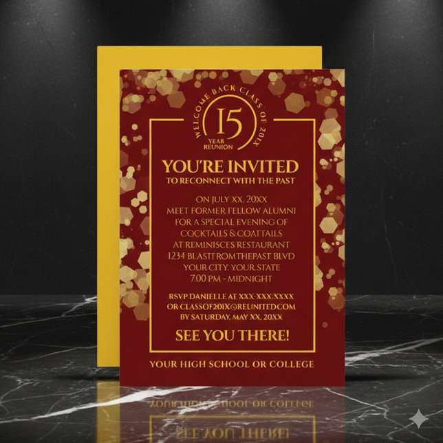 Red & Guld School Class Reunion Inbjudningar (Elegant Red & Gold School Class Reunion Invitation Cover Photo)