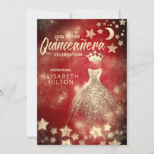 Red Guld Sequins klär måne stjärnor Quinceañera Inbjudningar