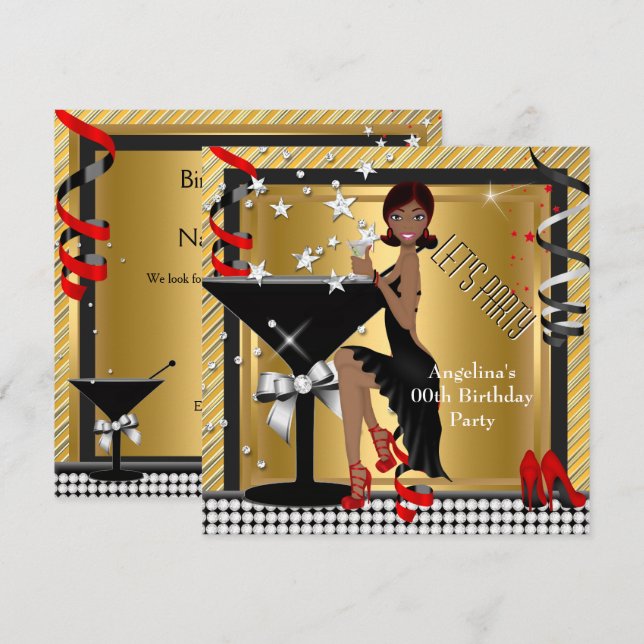 Red Guld Silver Black Martini Födelsedagsfest Inbjudningar (Fram/baksida)