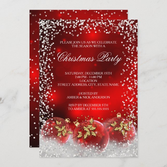Red Guld Snö Bauble-Julfesten Inbjudningar (Fram/baksida)