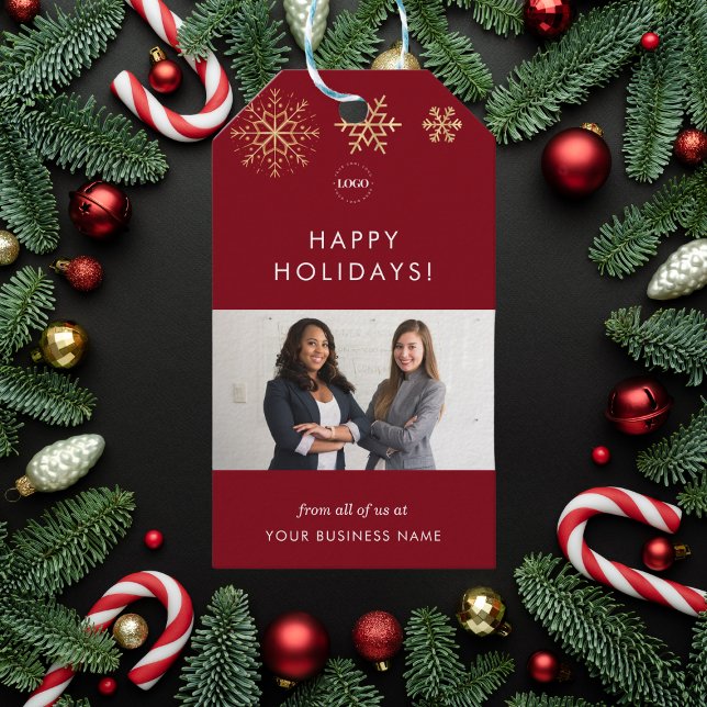 Red & Guld Snöflingor Business Company Team Photo Presentetikett (Skapare uppladdad)