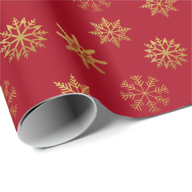 Red Guld Snöflingor Wrapping Papper Presentpapper (Rullad Hörn)