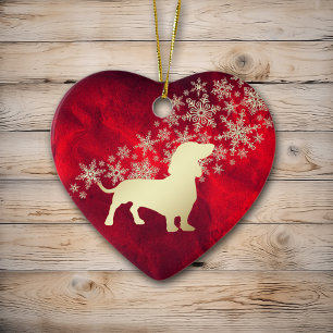 Red Guld Snowflake Dachshund Julgransprydnad Keramik