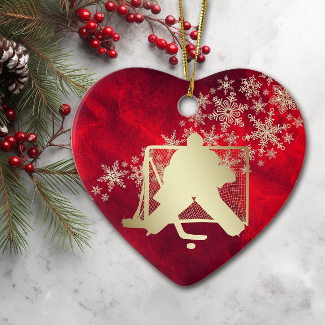 Red Guld Snowflake Hockey Goalie Personlig Julgransprydnad Keramik (Skapare uppladdad)