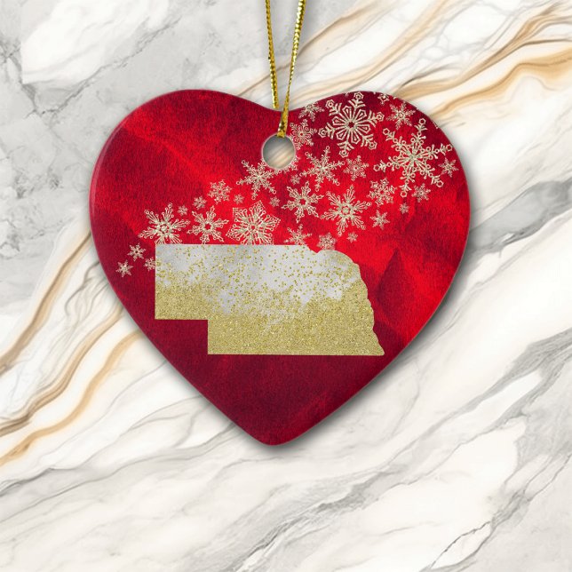 Red Guld Snowflake Nebraska Heart Julgransprydnad Keramik (Skapare uppladdad)