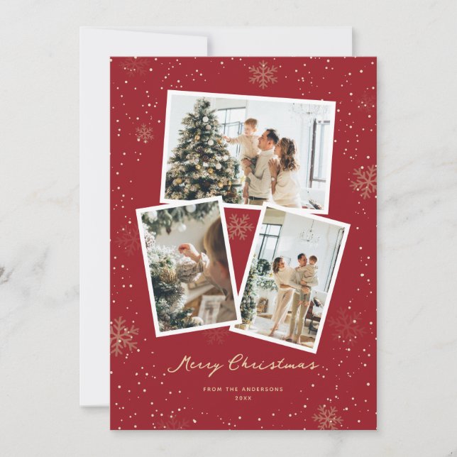 Red Guld Snowflake Photo God jul Card Julkort (Framsida)